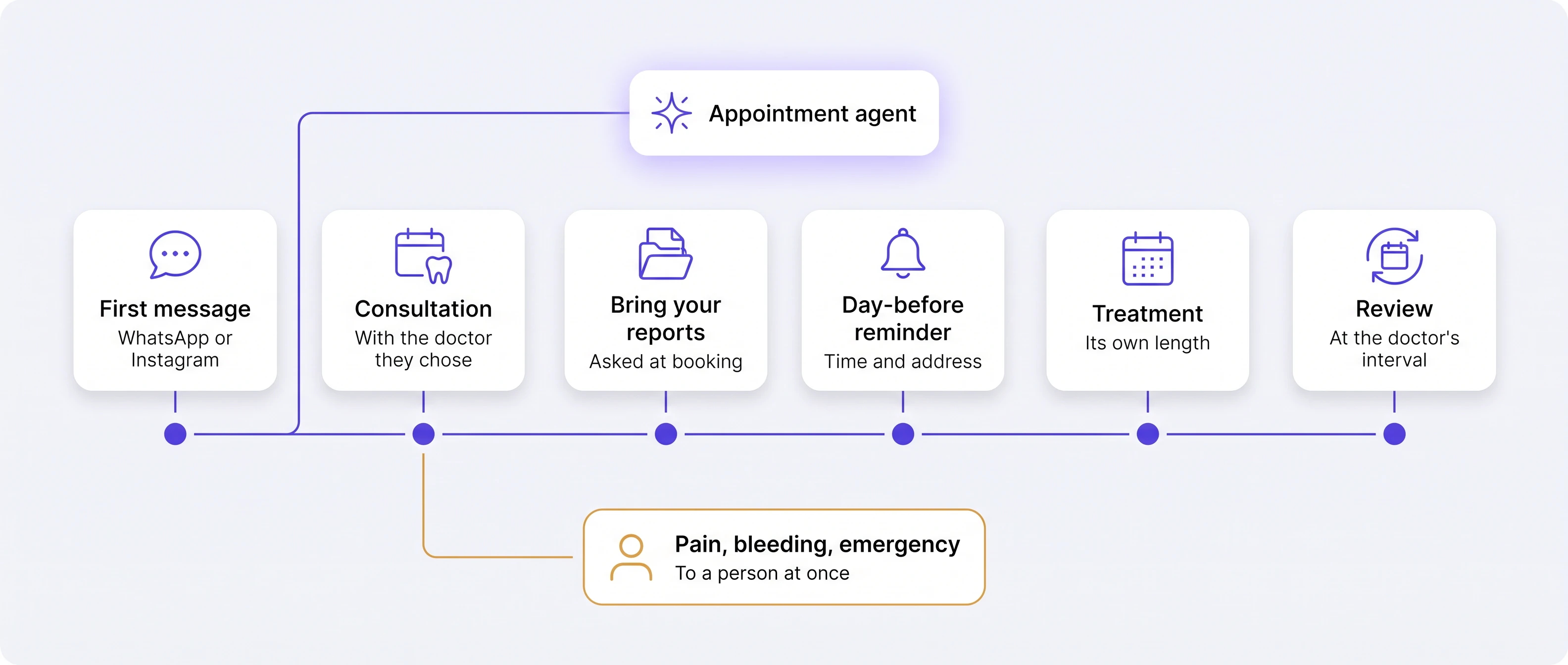 The Appointment agent above one timeline: First message, WhatsApp or Instagram; Consultation, with the doctor they chose; Bring your reports, asked at booking; Day-before reminder, time and address; Treatment, its own length; Review, at the doctor&rsquo;s interval. Below the timeline: Pain, bleeding, emergency, to a person at once.
